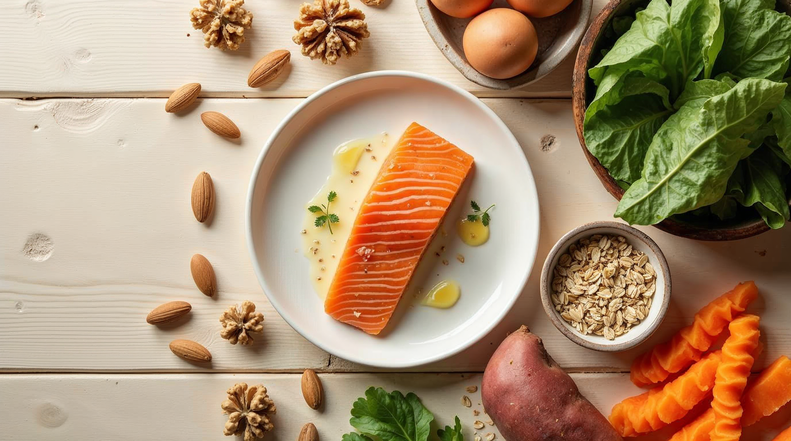 Flatlay biotinreicher Lebensmittel auf hellem Holztisch: Eier, Walnüsse, Mandeln, Haferflocken, Lachs, Süßkartoffel und Blattgemüse.