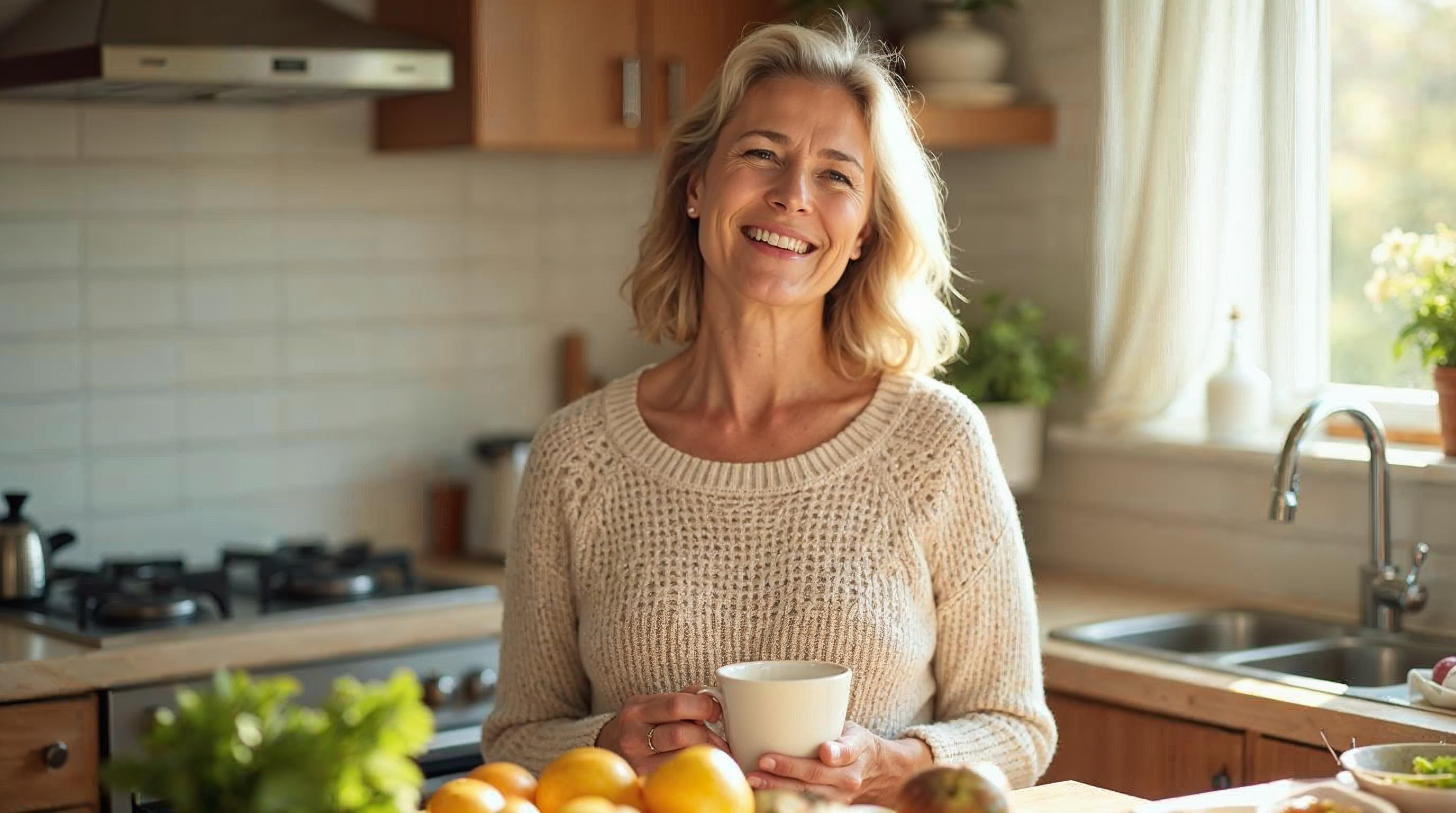 Gelassene Frau um die 60 in beigem Strickpullover bereitet in einer sonnendurchfluteten Küche ein gesundes Frühstück zu.