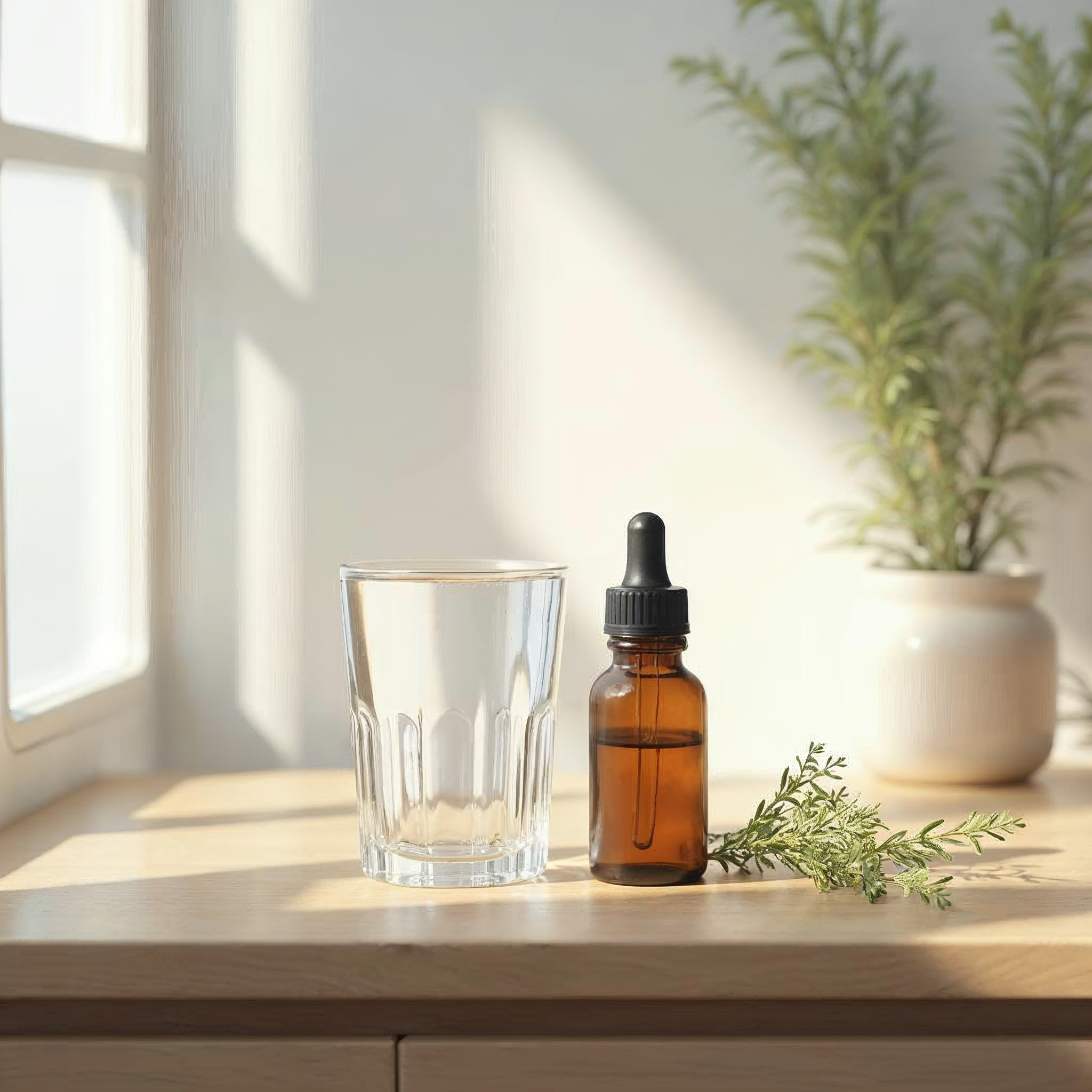 Ruhige Morgenroutine: Glas Wasser neben einem schlichten bernsteinfarbenen Fläschchen und grünen Zweigen im weichen Tageslicht.