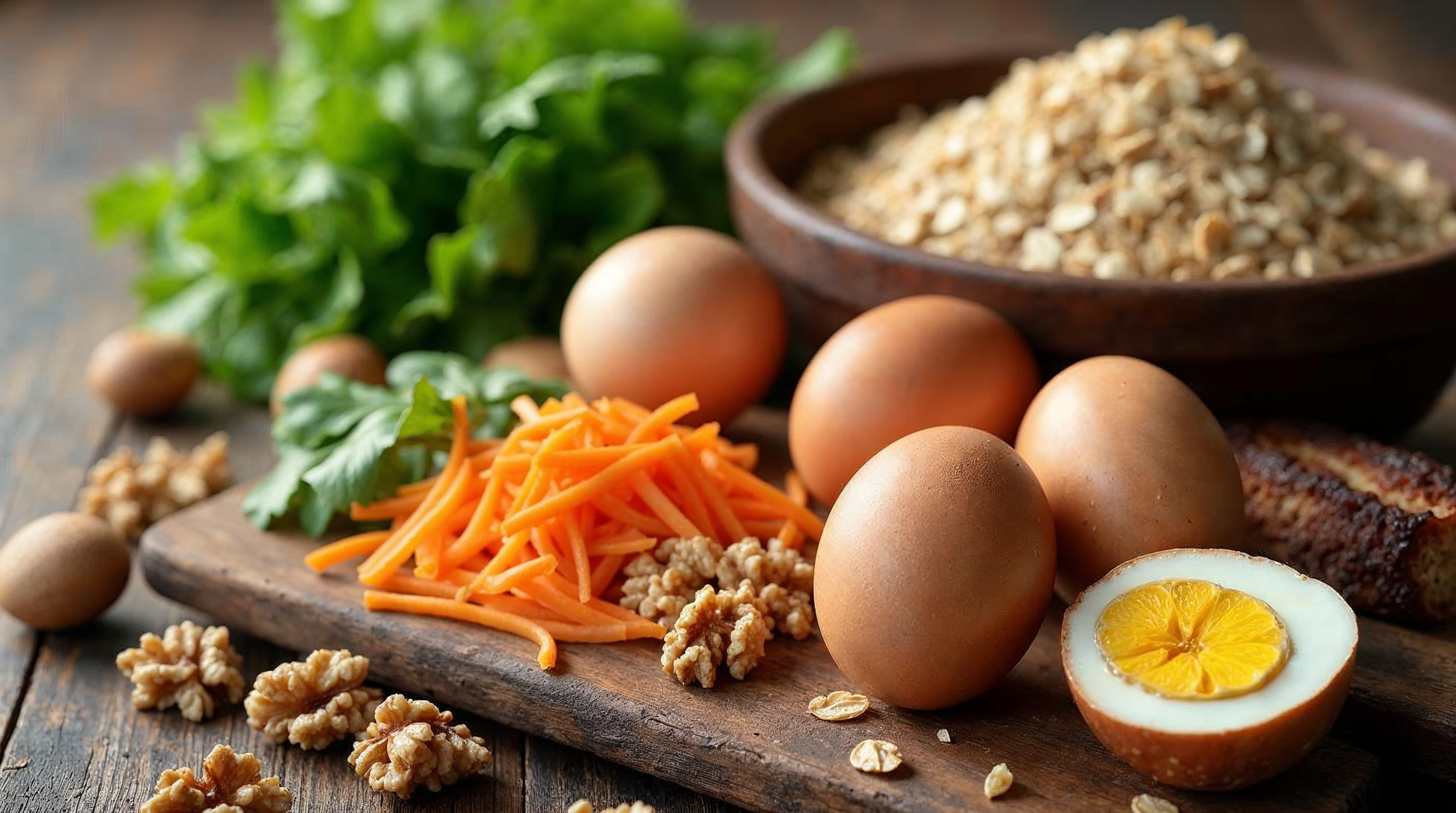 Biotinreiche Lebensmittel wie Eier, Walnüsse, Haferflocken, Hülsenfrüchte und Vollkornbrot auf einem rustikalen Holztisch im Tageslicht.