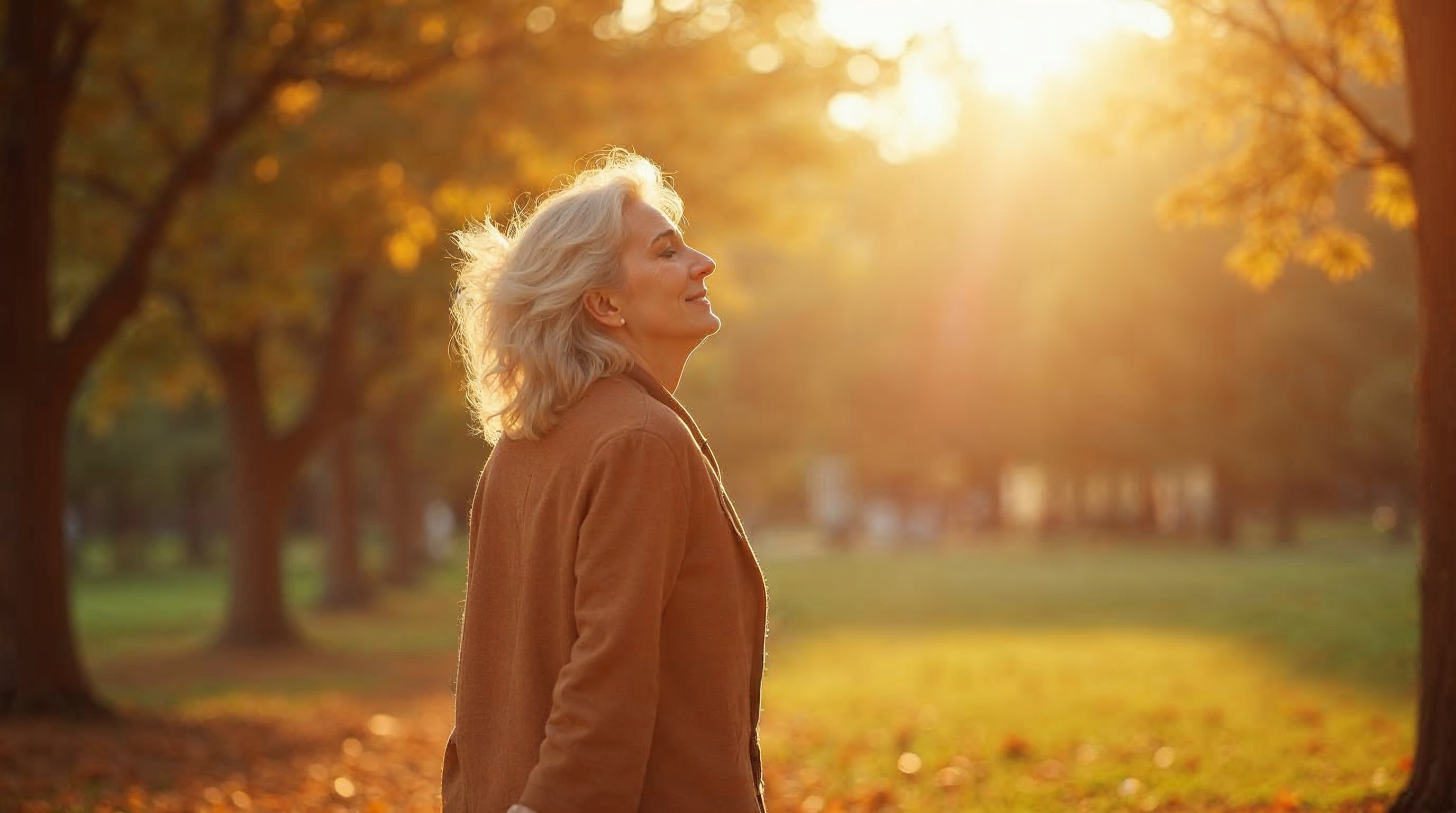 Frau in den Fünfzigern bis Anfang sechzig mit gesundem Haar geht entspannt durch einen sonnigen herbstlichen Park.