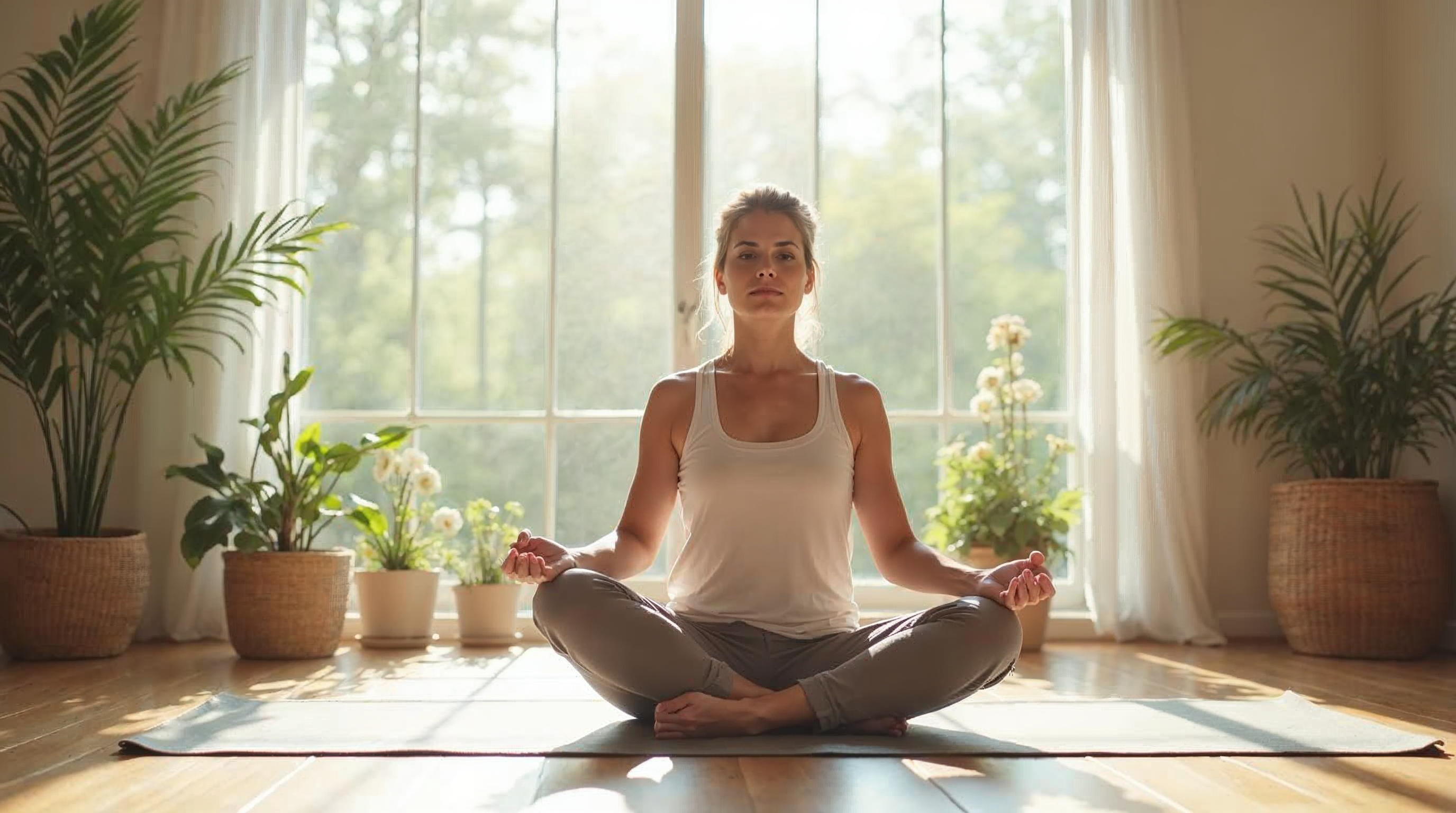 Gesunde Frau um die sechzig macht entspannt sanfte Yoga-Übungen in einem hellen Wohnraum bei Morgenlicht.