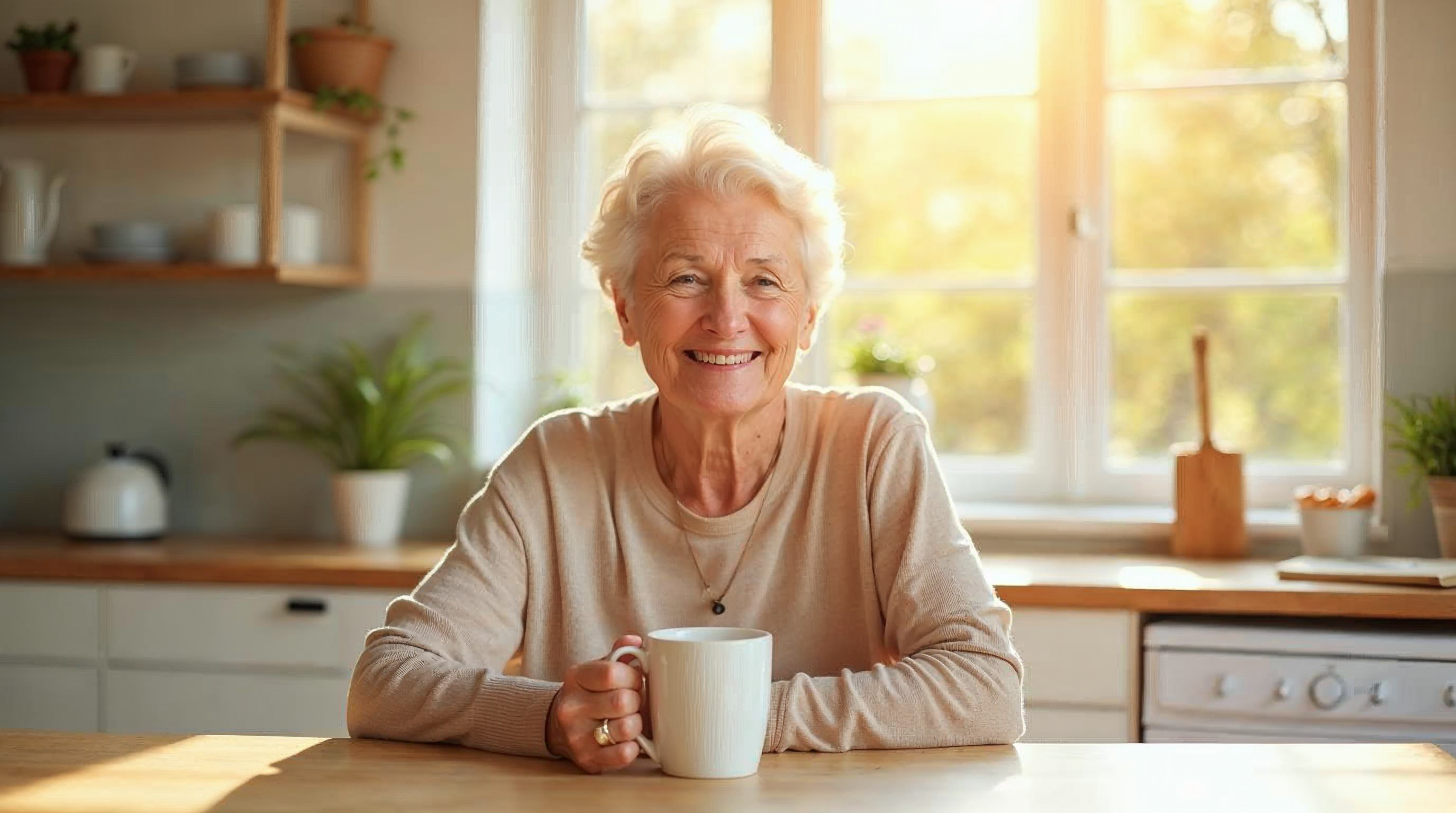 Eine Frau um die sechzig sitzt entspannt an einem hellen Küchentisch und hält mit beiden Händen eine einzelne Tasse Tee, warmes goldenes Morgenlicht flutet durch große Fenster und erzeugt eine freundliche, helle Atmosphäre