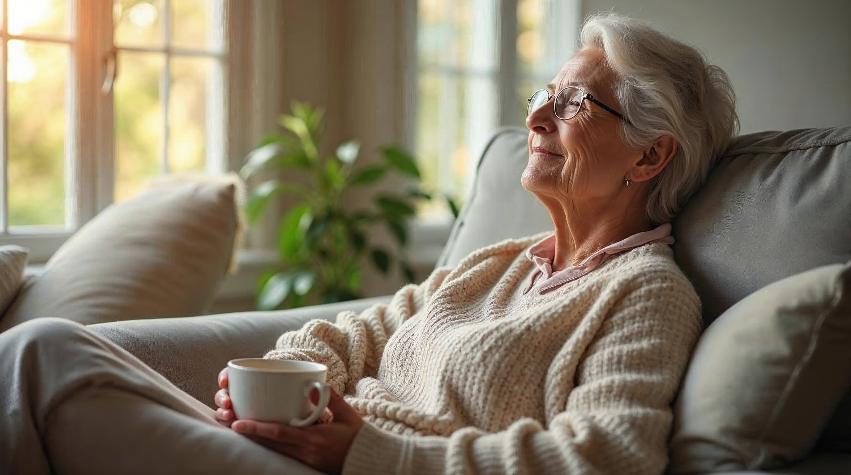 Frau in den Fünfzigern entspannt mit einer Tasse Tee auf dem Sofa im warmen Nachmittagslicht, Sinnbild für Selbstfürsorge und Wohlbefinden.