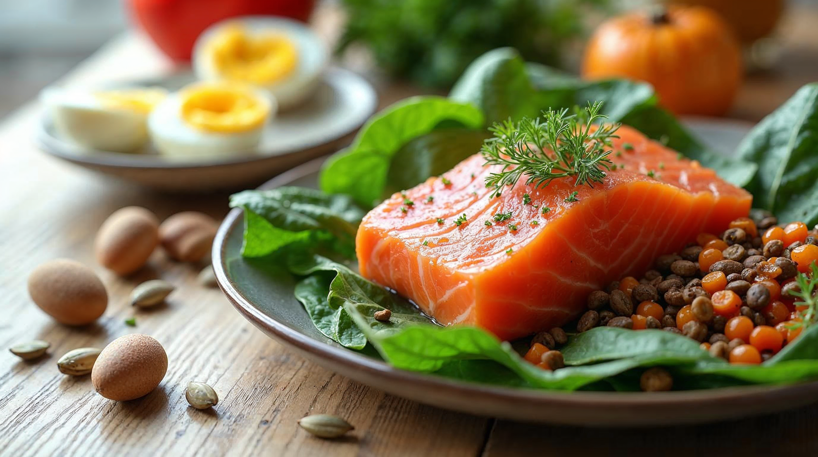 Stillleben mit nährstoffreichen Lebensmitteln wie Lachs, Spinat, Nüssen, Kürbiskernen und Eiern für gesundes Haar auf hellem Holztisch.