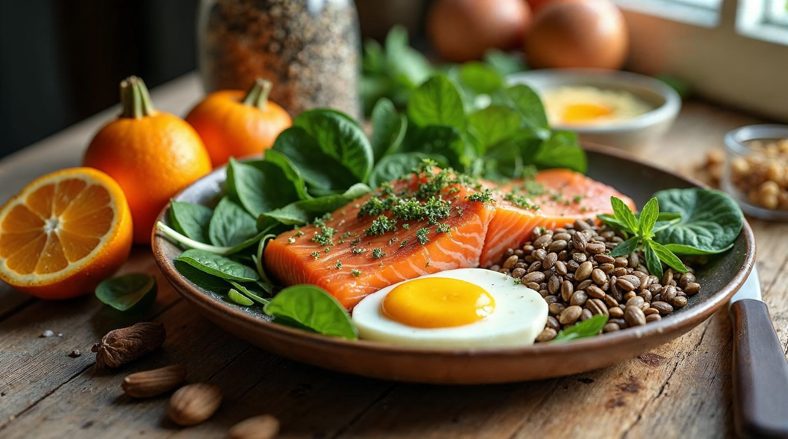 Stillleben mit nährstoffreichen Lebensmitteln wie Spinat, Linsen, Eiern, Lachs, Kürbiskernen und Nüssen auf einem Holztisch im Tageslicht.