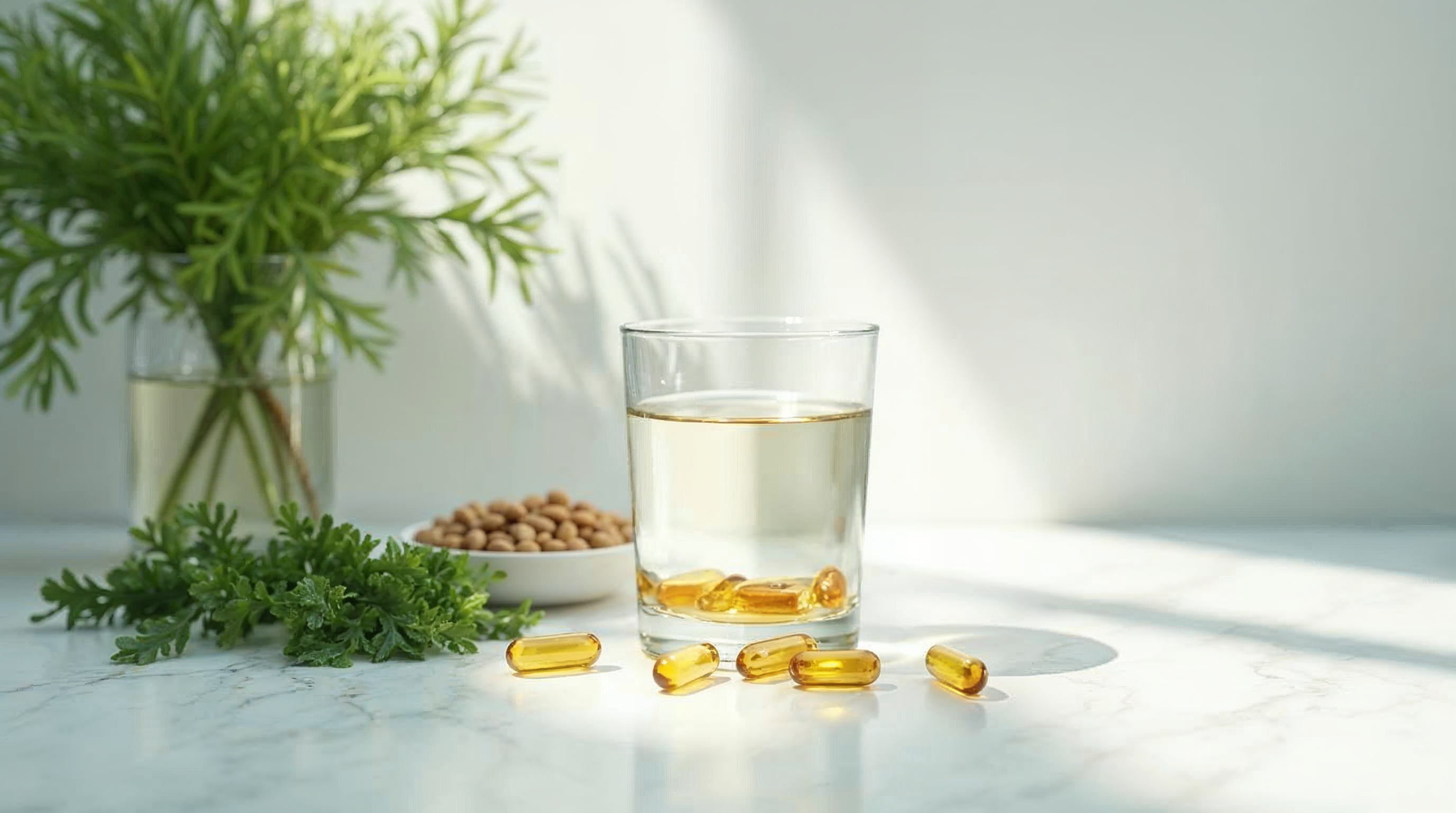 Nahrungsergänzungs-Kapseln und ein Glas Wasser auf heller Marmorfläche neben frischen Kräutern und einer Schale Samen.