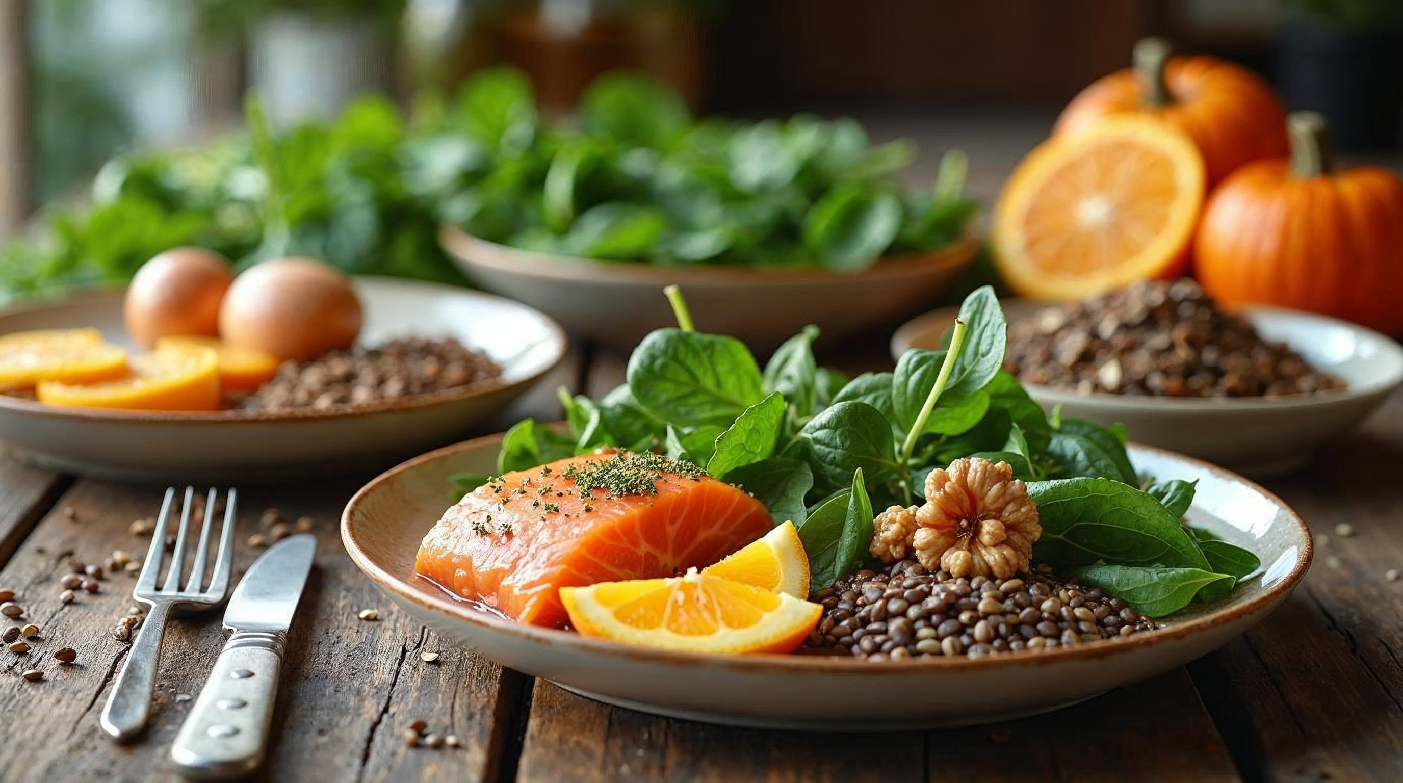 Eisen- und proteinreiche Lebensmittel wie Spinat, Linsen, Kürbiskerne, Eier, Lachs und Nüsse auf einem rustikalen Holztisch im Tageslicht.