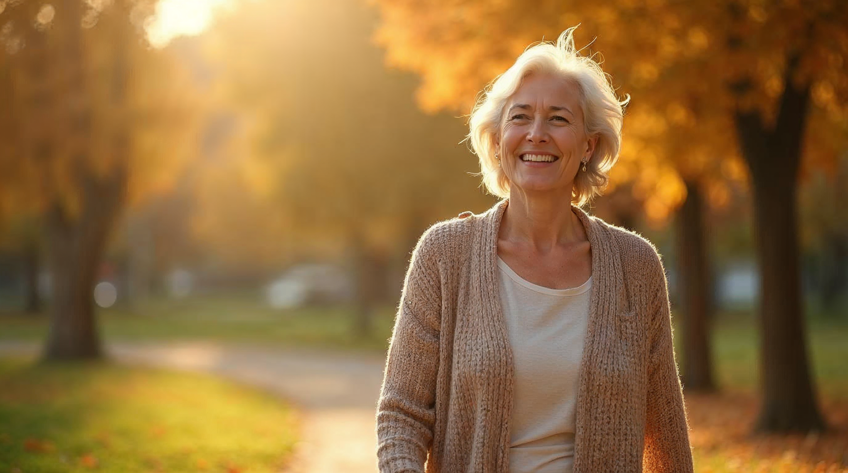 Gesunde Frau Ende fünfzig spaziert zuversichtlich und entspannt in einem sonnigen Herbstpark.