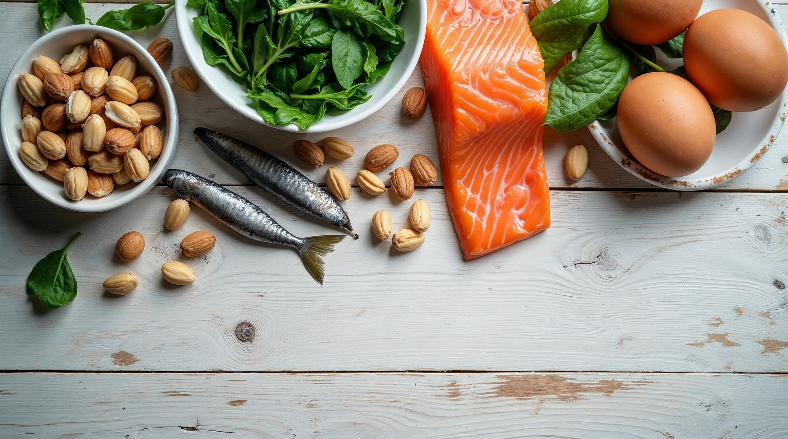 Selenreiche Lebensmittel als Stillleben: Paranüsse, frischer Lachs, Eier, Sardinen und grünes Blattgemüse auf einem hellen Holztisch.