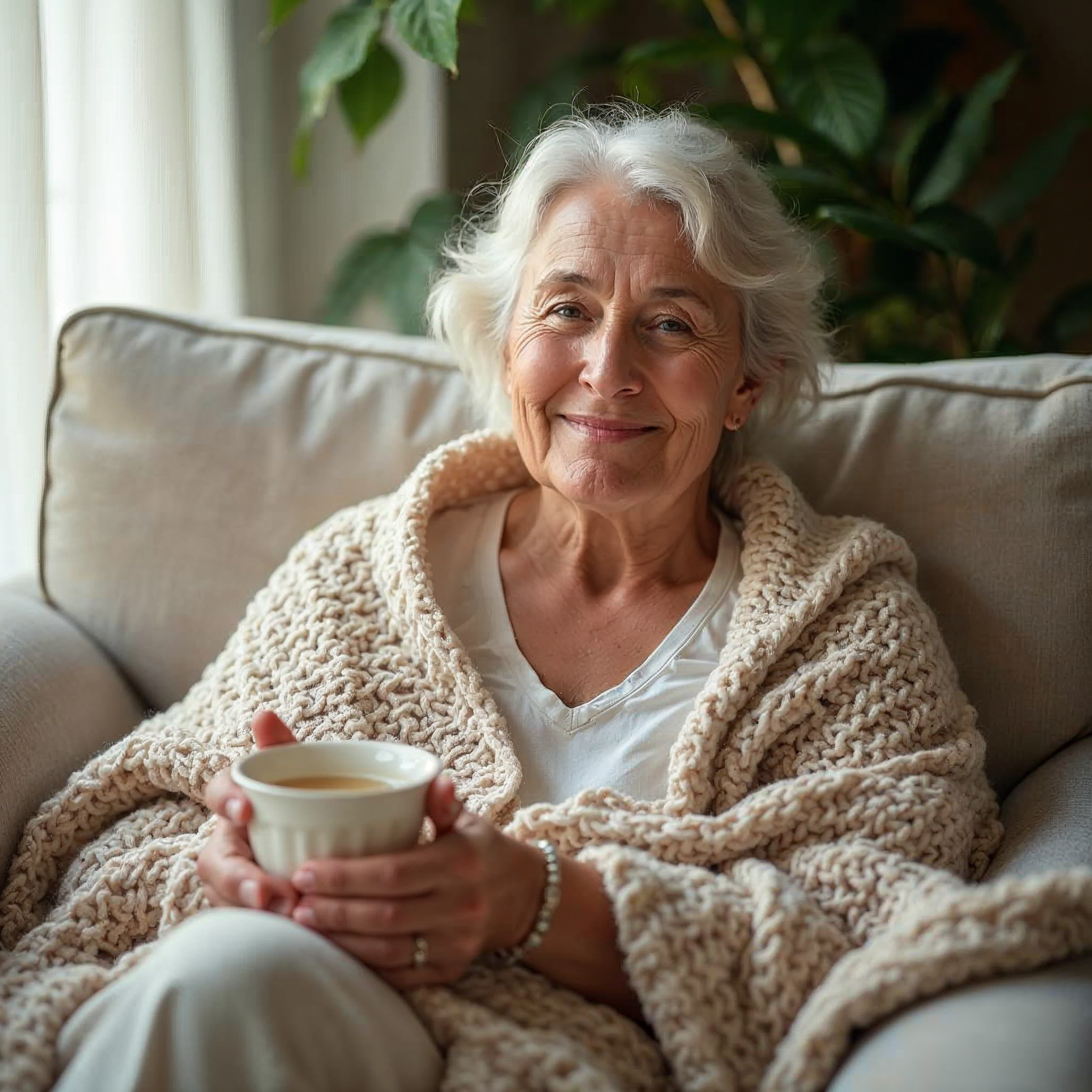 Frau um die 50 sitzt entspannt mit einer Decke und einer Tasse Tee zu Hause und genießt einen ruhigen Selbstfürsorge-Moment.