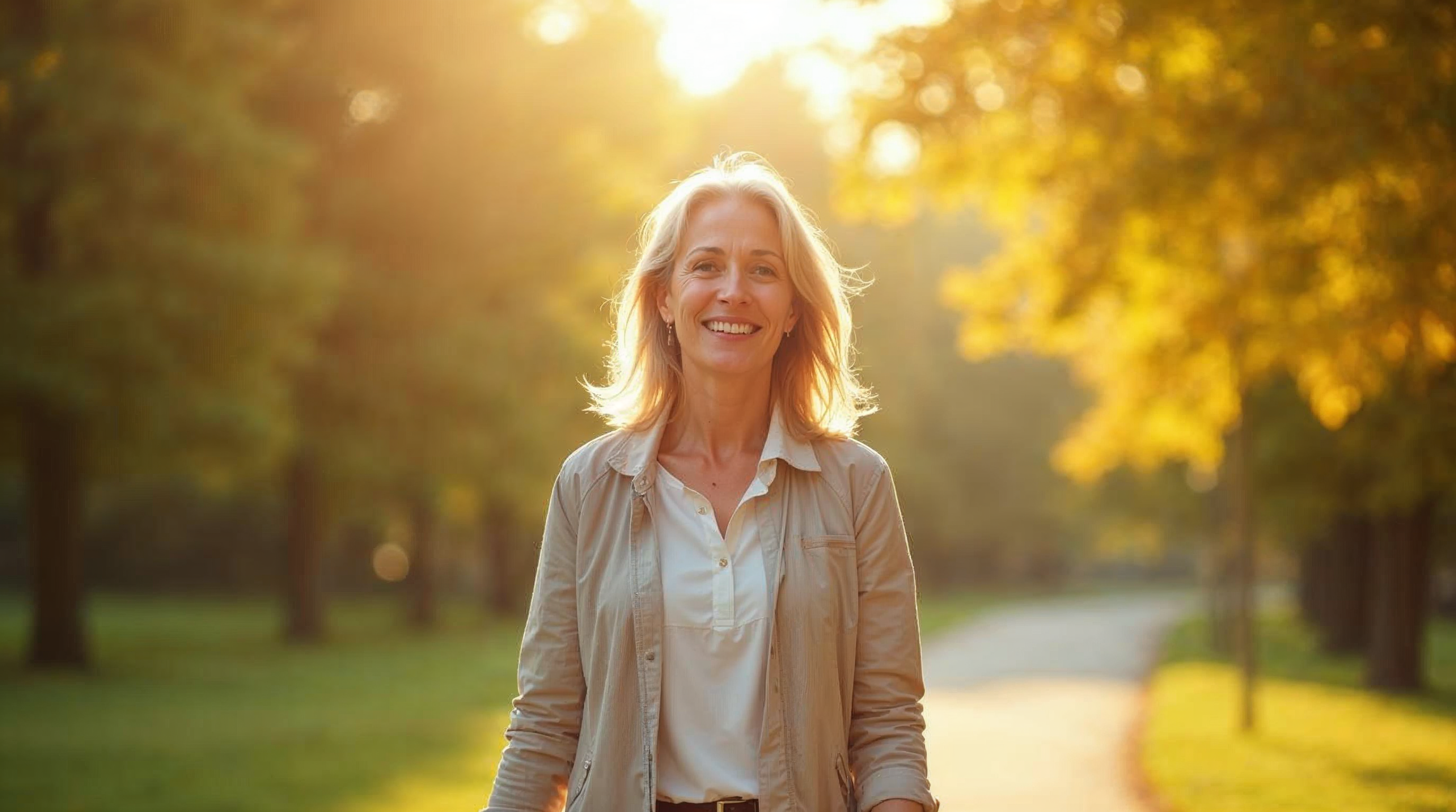 Zuversichtliche Frau um die 50 mit vollem Haar spaziert bei goldenem Tageslicht durch einen herbstlichen Park.