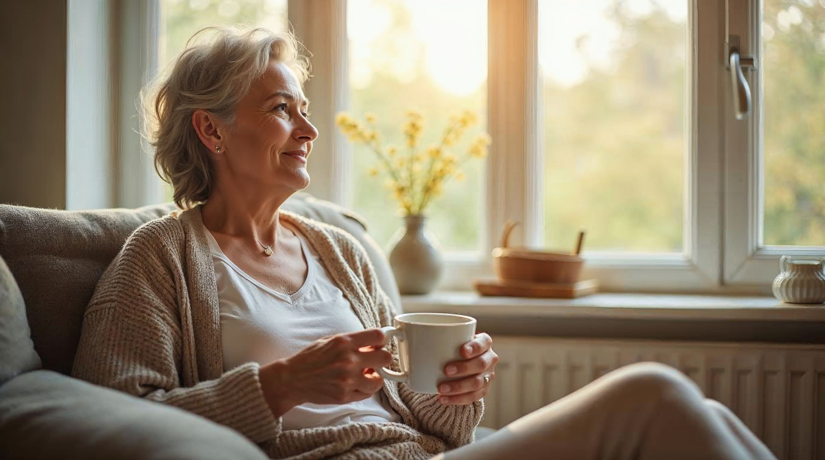 Selbstbewusste Frau um die 50 bis 60 mit natürlichem Haar sitzt entspannt im warmen Morgenlicht am Fenster und trinkt einen Tee.