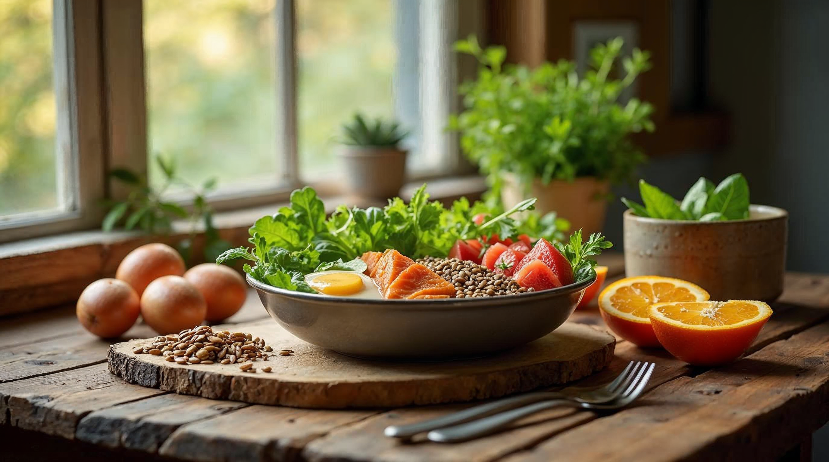 Stillleben mit haarfreundlichen Lebensmitteln wie Paranüssen, Kürbiskernen, Eiern, Linsen, Lachs und grünem Blattgemüse auf einem Holztisch im Tageslicht.