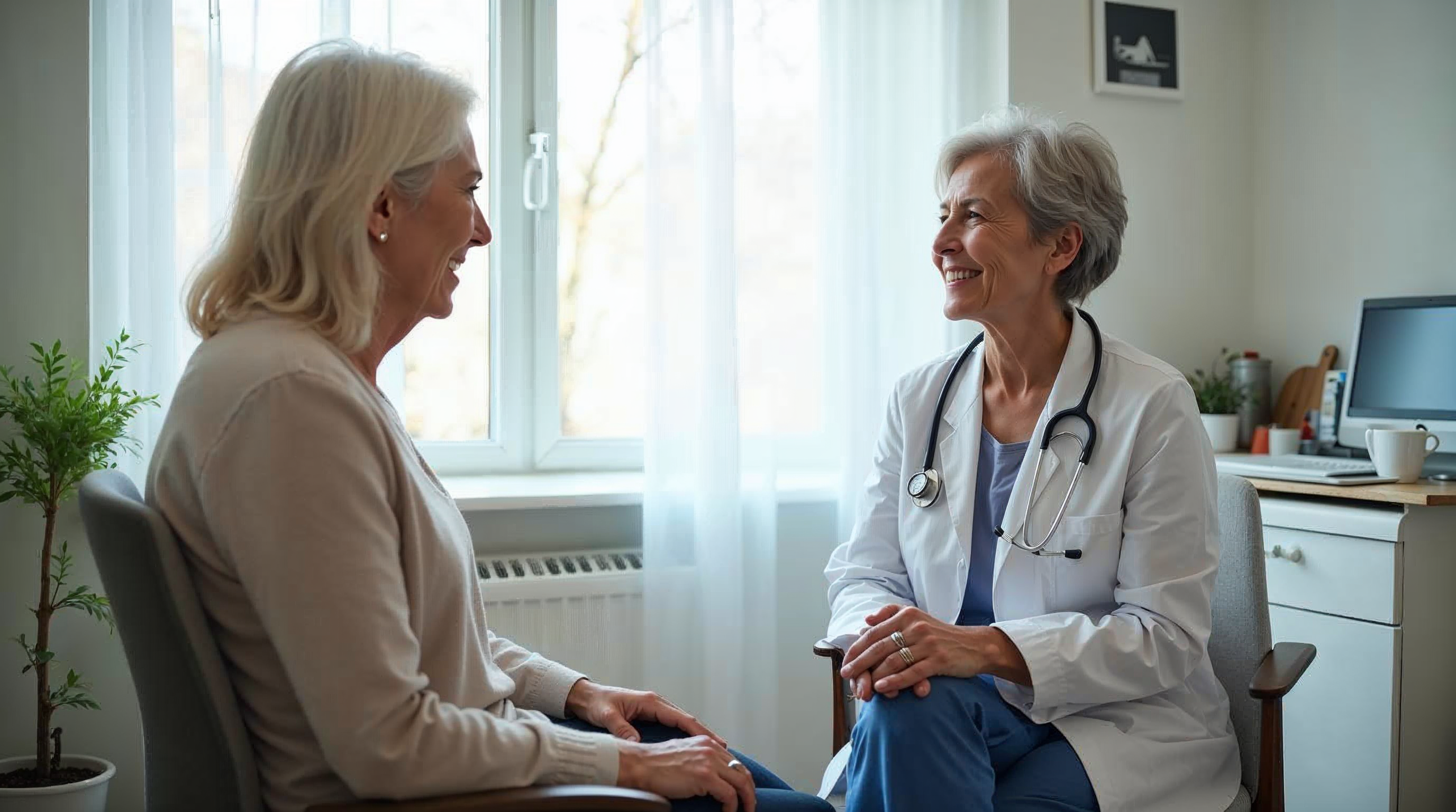 Frau um die 50 bis 60 im vertrauensvollen Beratungsgespräch mit einer freundlichen Ärztin in einem hellen Sprechzimmer.