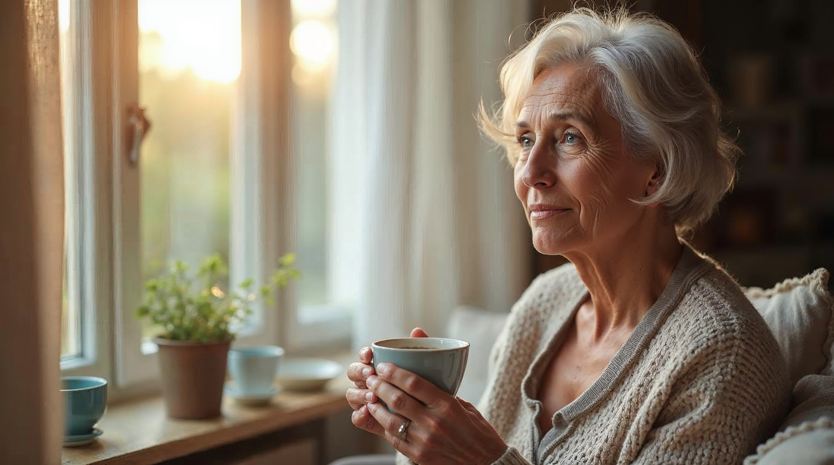 Frau Ende 50 mit natürlichem Haar sitzt ruhig und zuversichtlich mit einer Tasse Tee am Fenster im warmen Morgenlicht.
