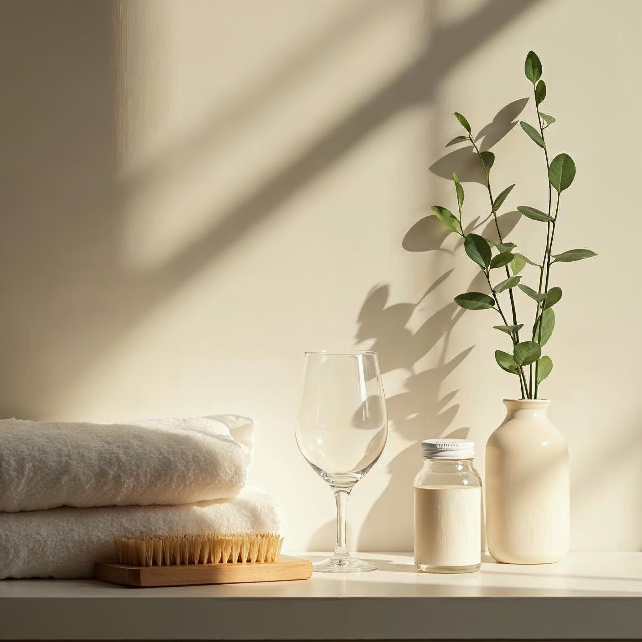Ruhiges Stillleben mit Glas Wasser, einer kleinen Supplement-Flasche, Handtuch und Haarbürste im warmen Morgenlicht.