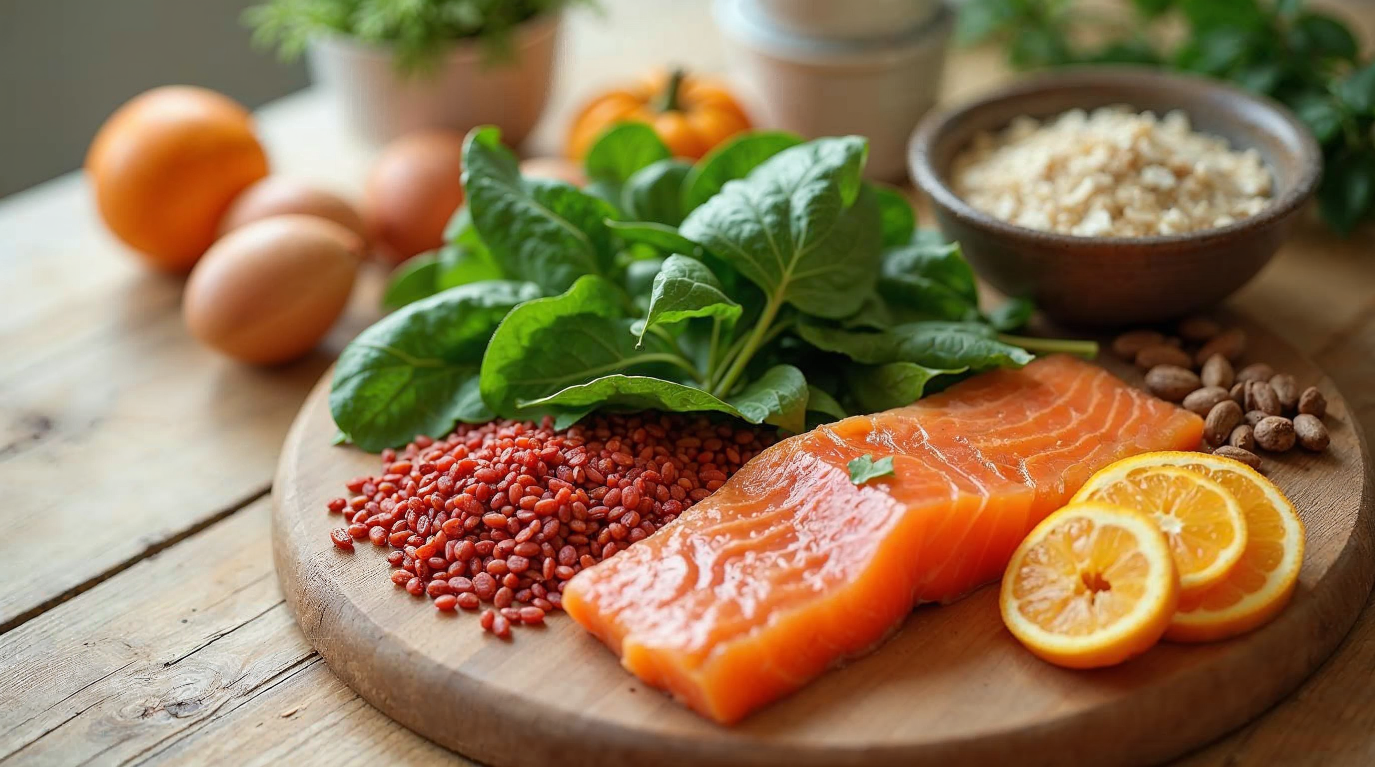 Stillleben mit eisen- und nährstoffreichen Lebensmitteln wie Spinat, Linsen, Haferflocken, Eiern, Lachs, Kürbiskernen und Paranüssen auf einem Holztisch.