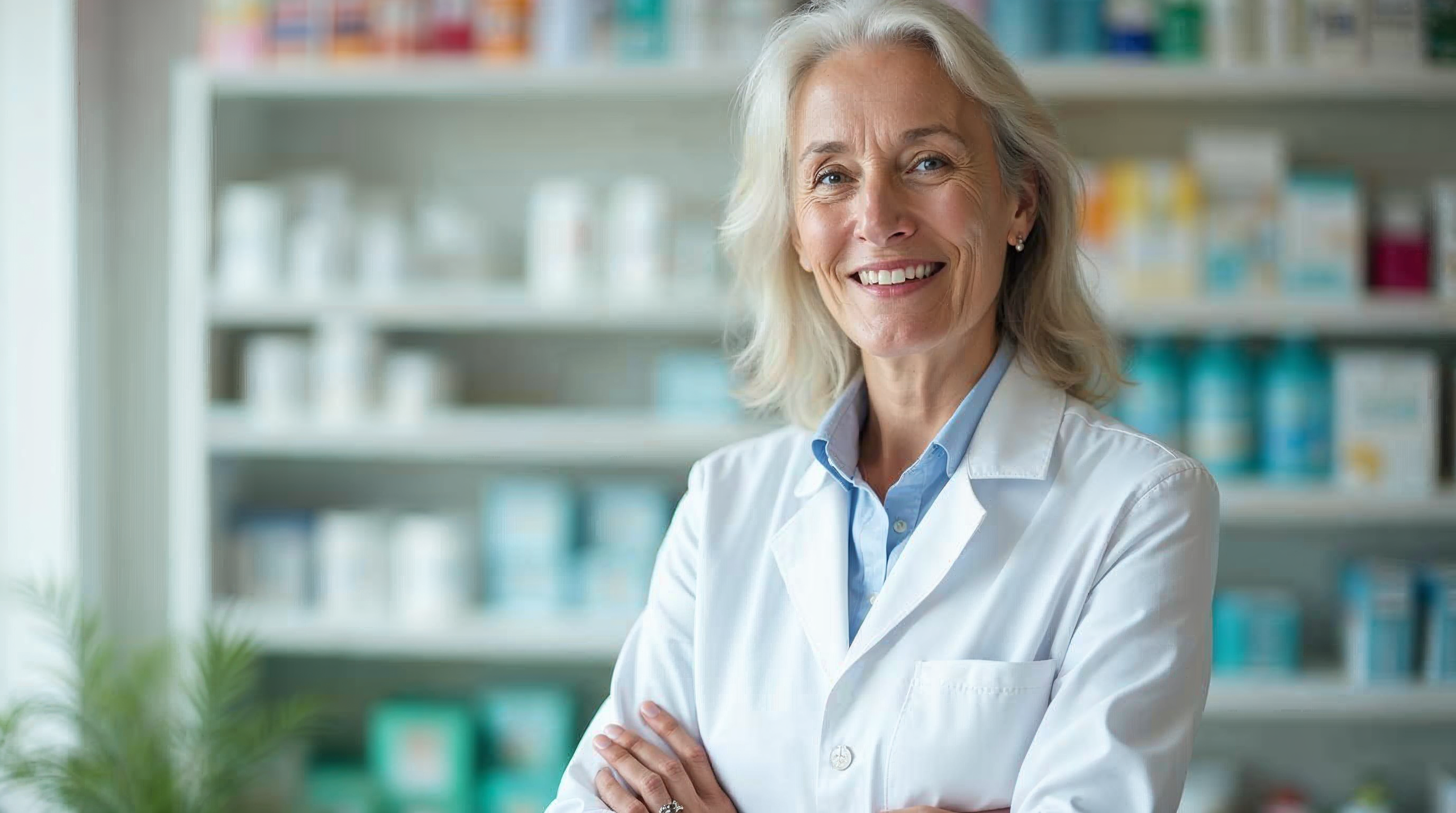 Freundliche Apothekerin Ende fünfzig im weißen Kittel berät in einer hellen, modernen Apotheke.