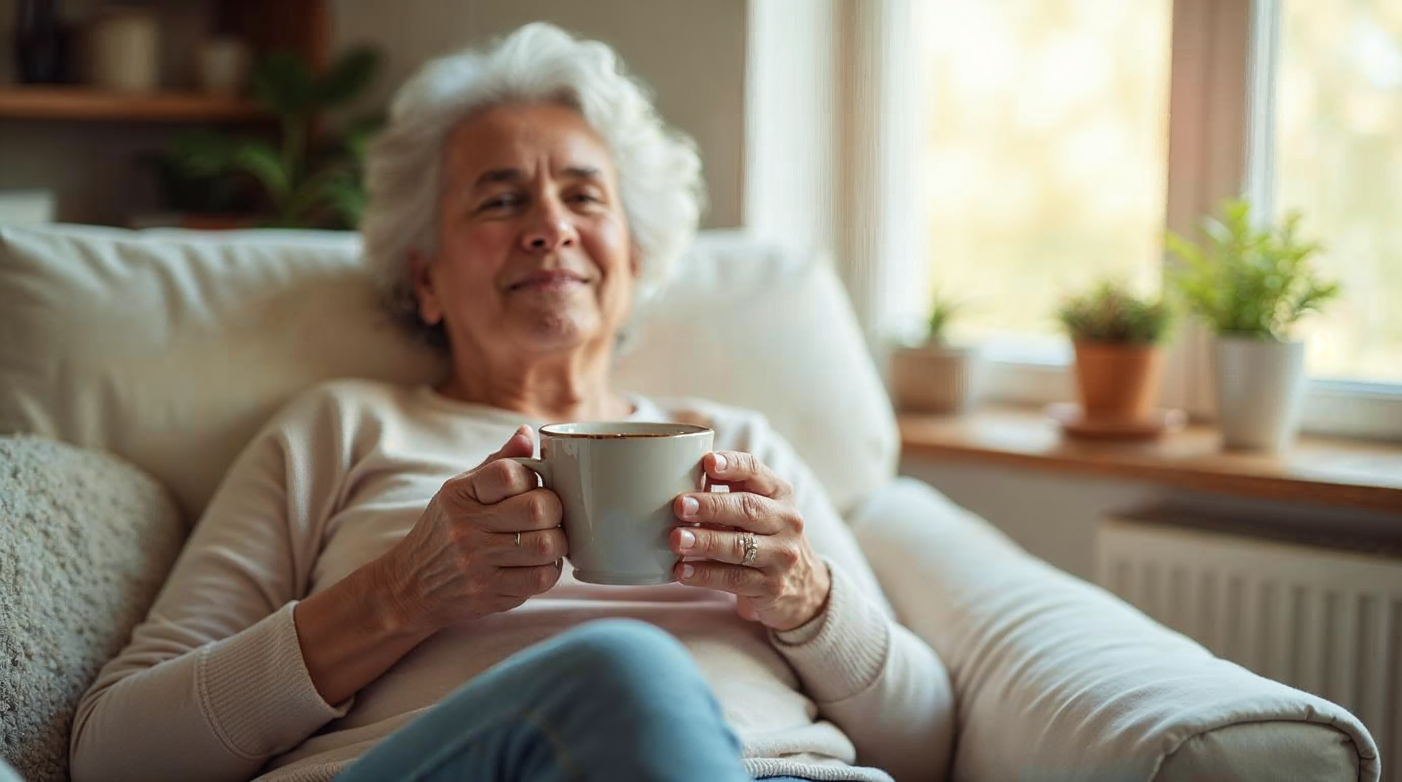 Entspannte Frau Ende fünfzig sitzt auf einem hellen Sofa in einem sonnigen Wohnzimmer und hält eine Tasse Tee mit beiden Händen umfasst, ruhige und gelassene Atmosphäre