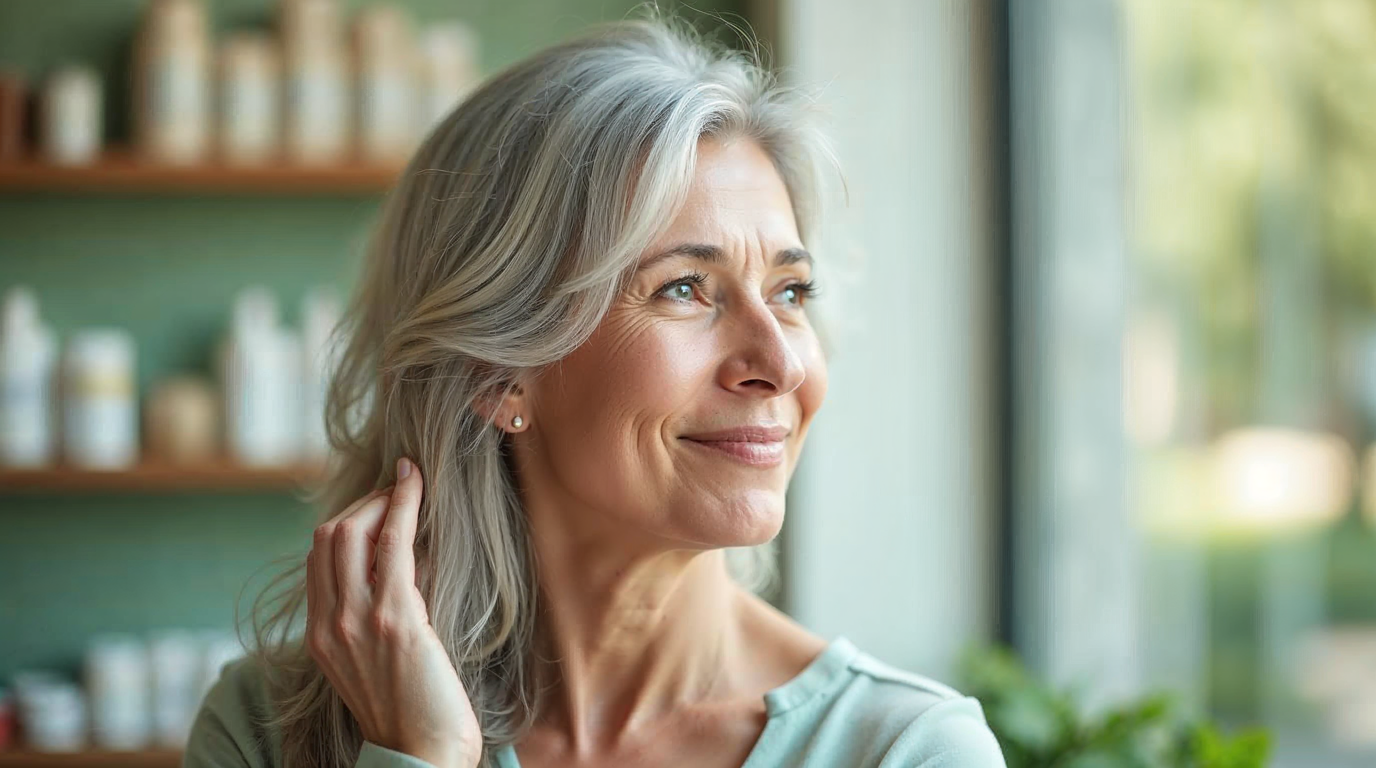 Frau um die 55 mit gesundem, natürlich ergrautem Haar in ruhiger, zuversichtlicher Stimmung – Symbolbild für Haarveränderungen in der Postmenopause.