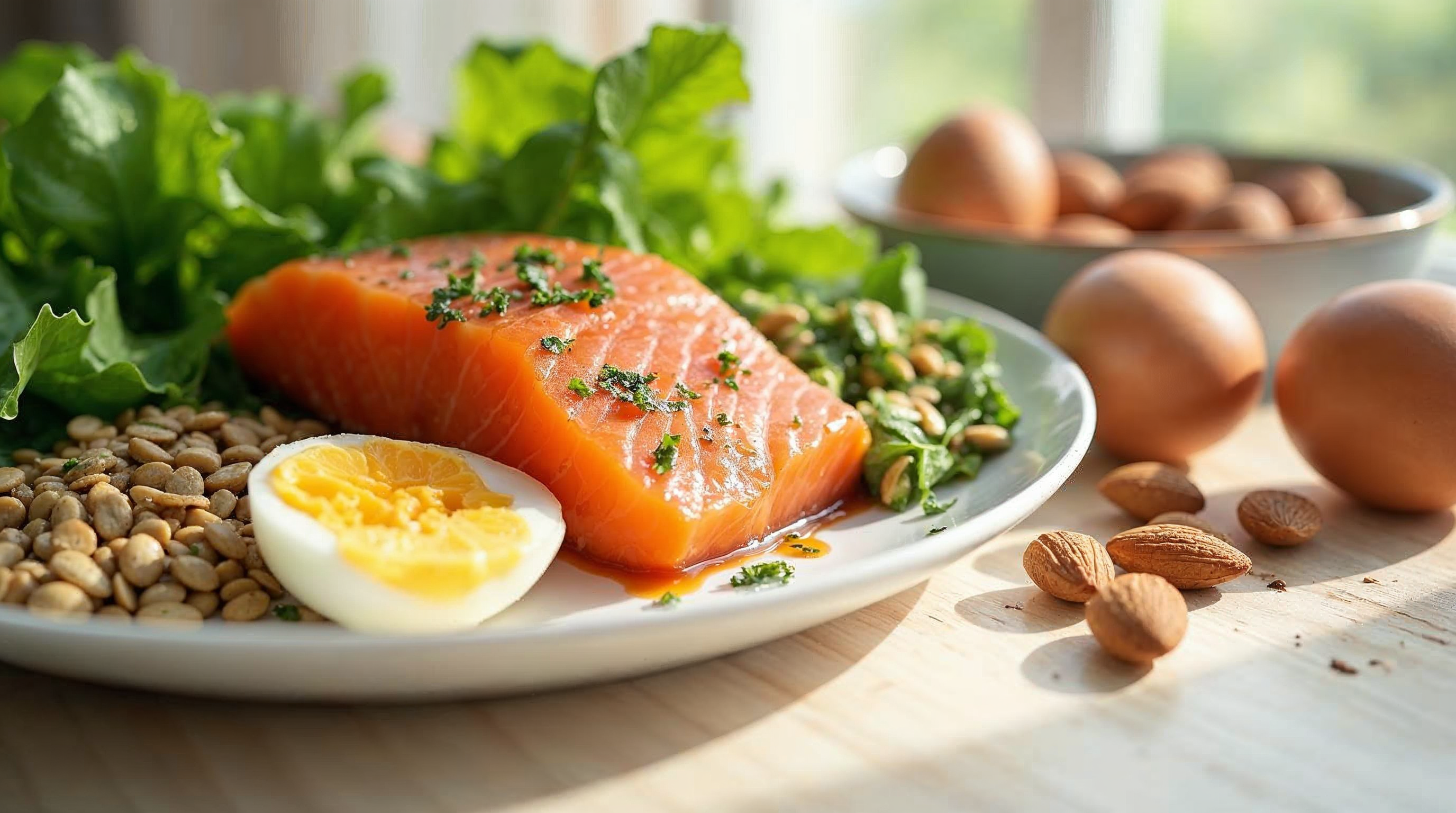Stillleben mit nährstoffreichen Lebensmitteln wie Paranüssen, Eiern, Lachs, Kürbiskernen und grünem Gemüse auf hellem Holztisch.