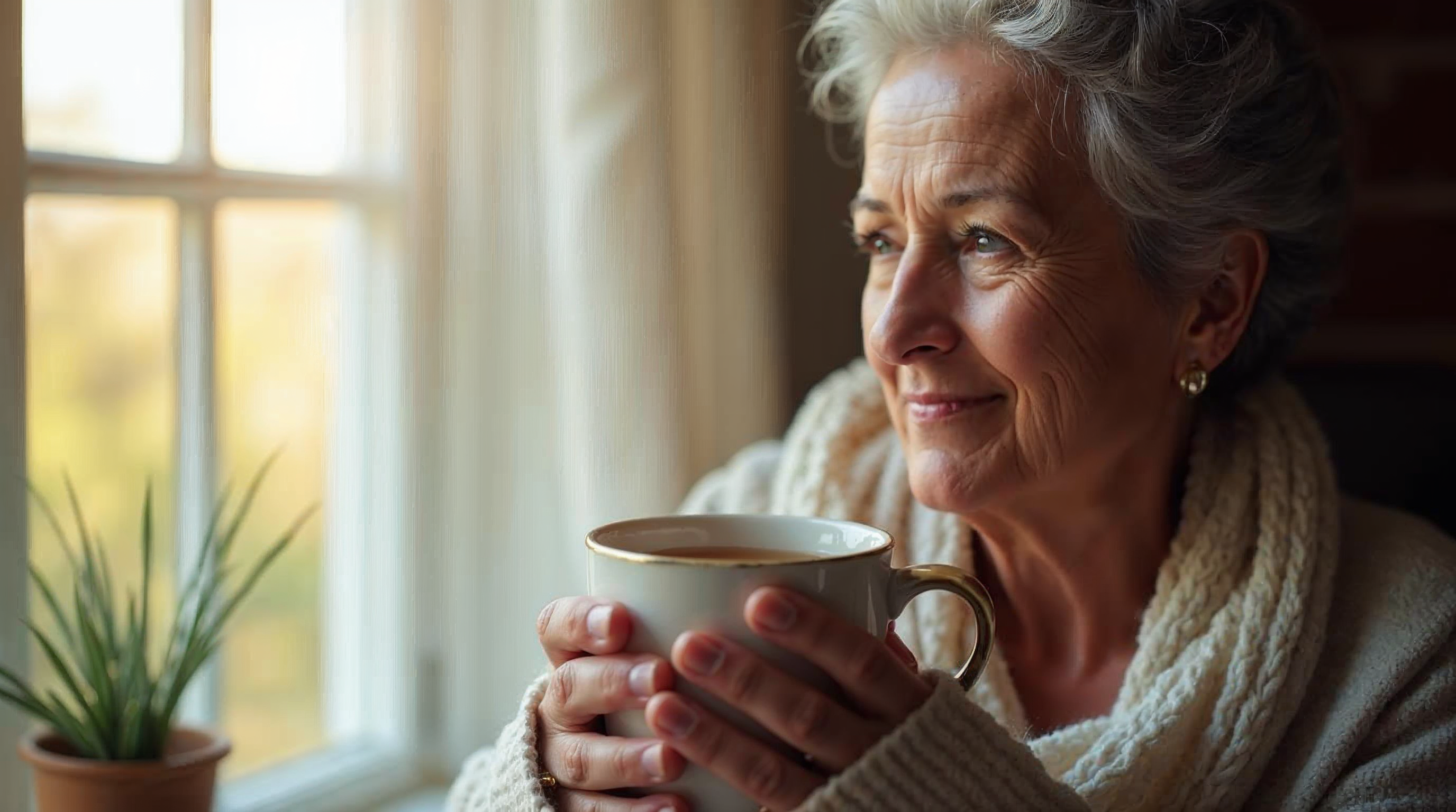 Entspannte Frau um die sechzig sitzt mit einer Tasse Tee am hellen Fenster und wirkt zuversichtlich.