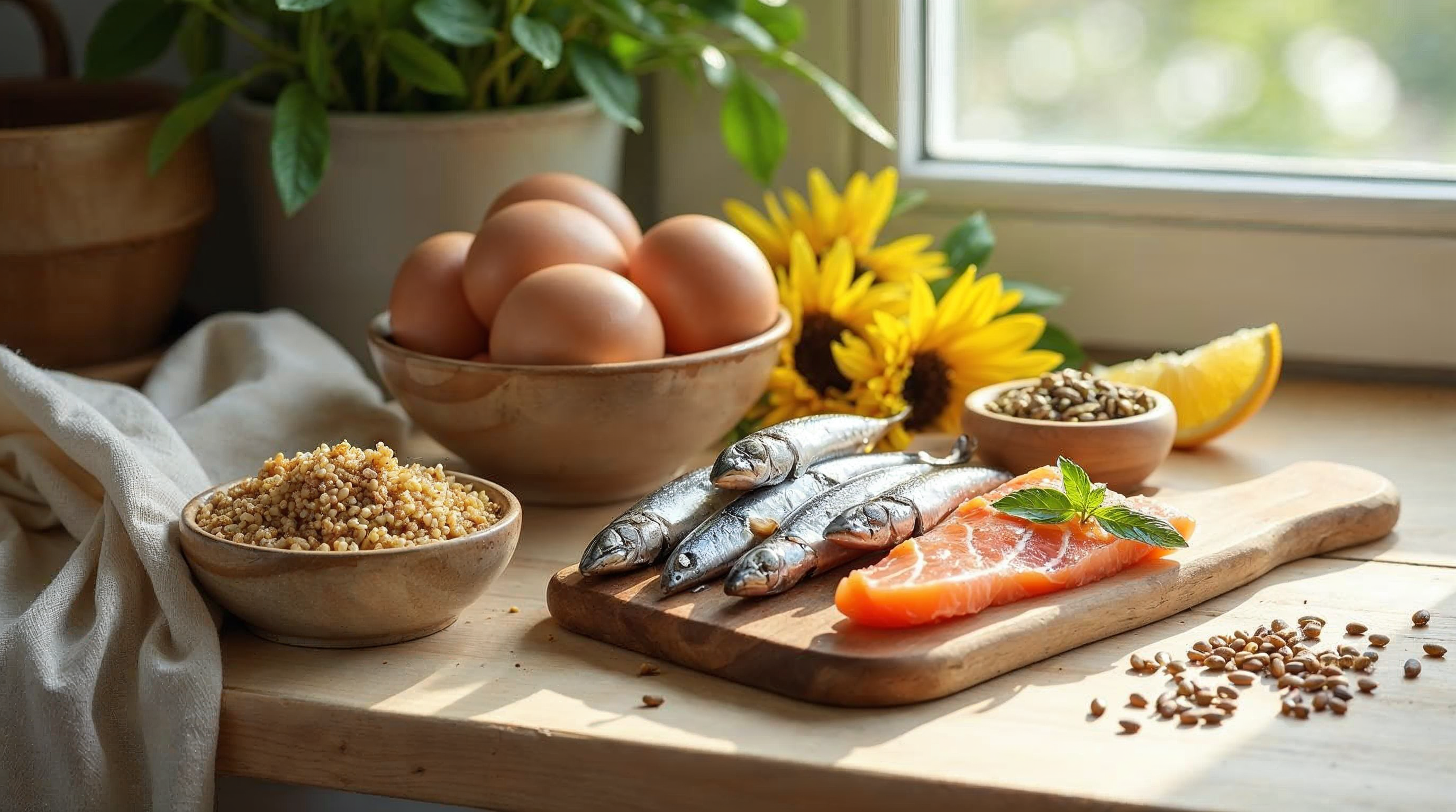 Stillleben mit selenreichen Lebensmitteln wie Paranüssen, Eiern, Lachs, Sardinen, Linsen und Sonnenblumenkernen auf einem hellen Holztisch.