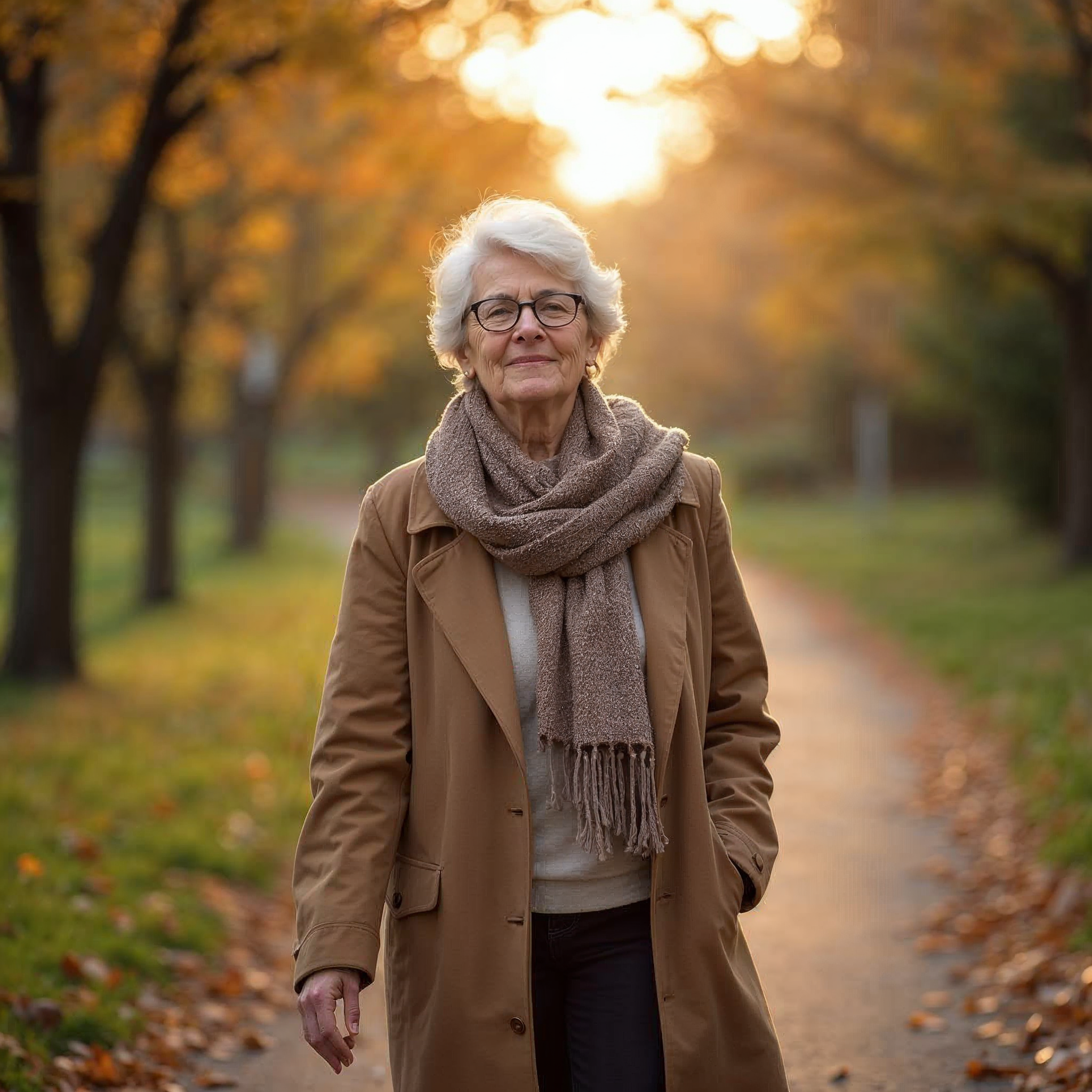 Frau um die sechzig spaziert in warmem Herbstmorgenlicht auf einem ruhigen Parkweg – Symbolbild für Energie und Wohlbefinden im Alltag.