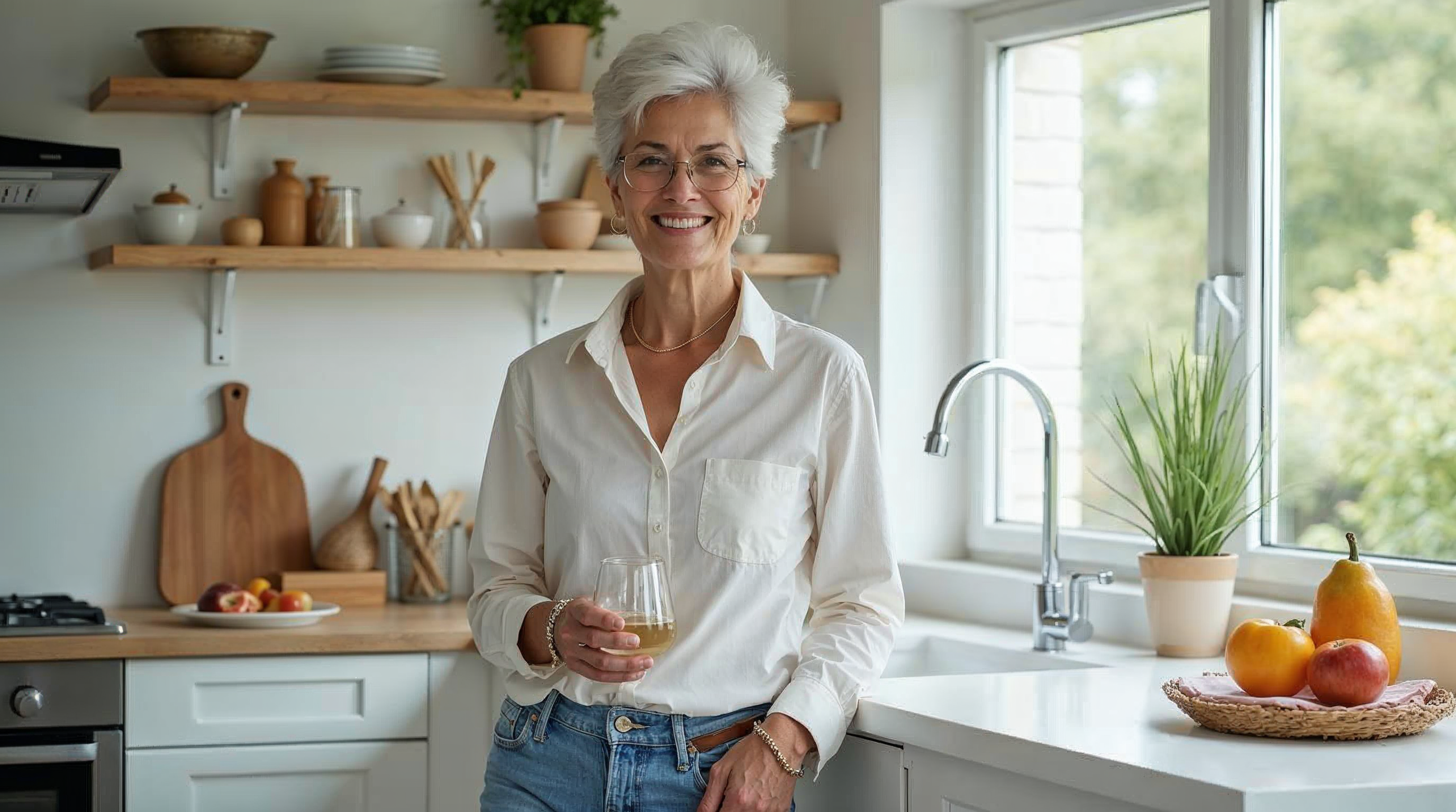 Frau in den Fünfzigern steht in ihrer hellen Küche neben einer weißen Arbeitsfläche, auf der ein Glas Wasser und frische Frühstückszutaten liegen – ganzkörperliche Darstellung als Symbolbild für eine tägliche Einnahmeroutine bei Hashimoto.
