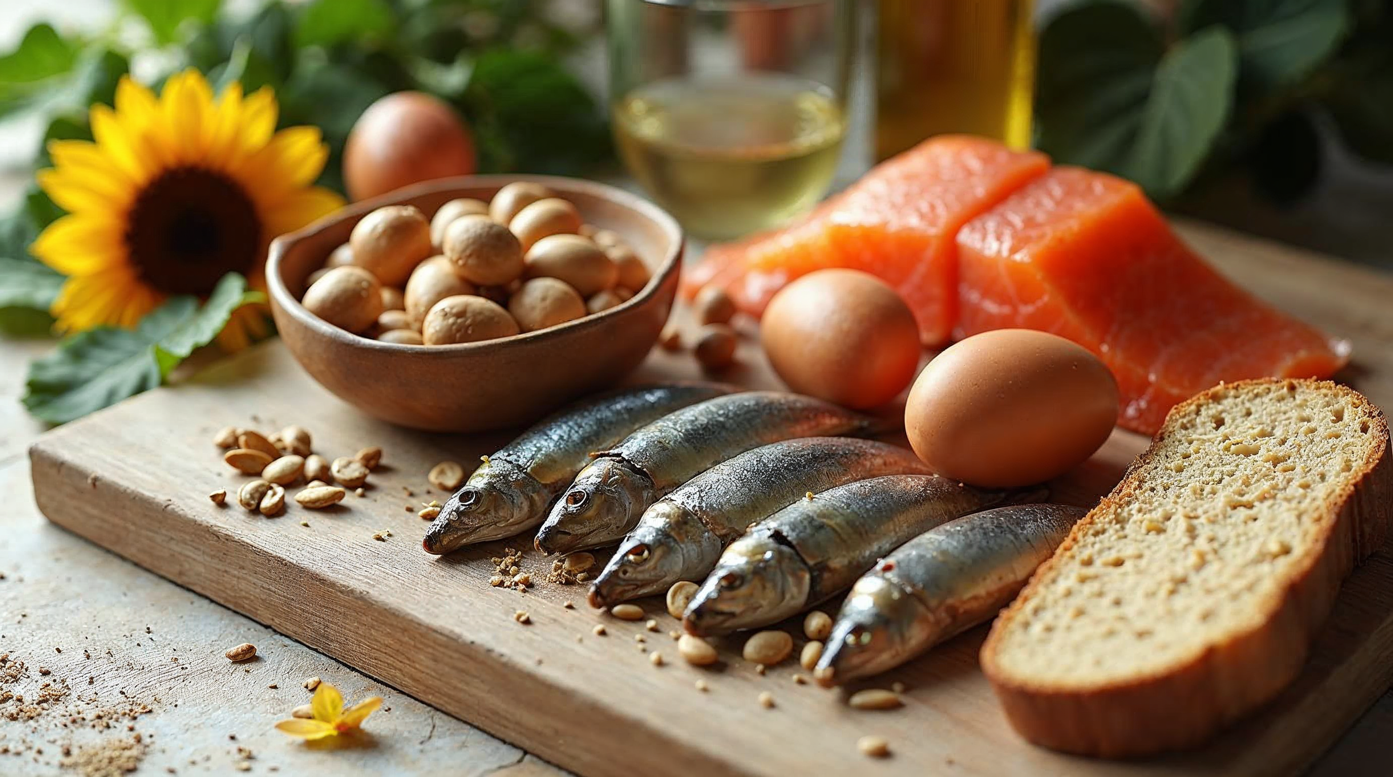 Selenreiche Lebensmittel wie Paranüsse, Eier, Lachs, Sardinen und Sonnenblumenkerne auf einem hellen Holztisch