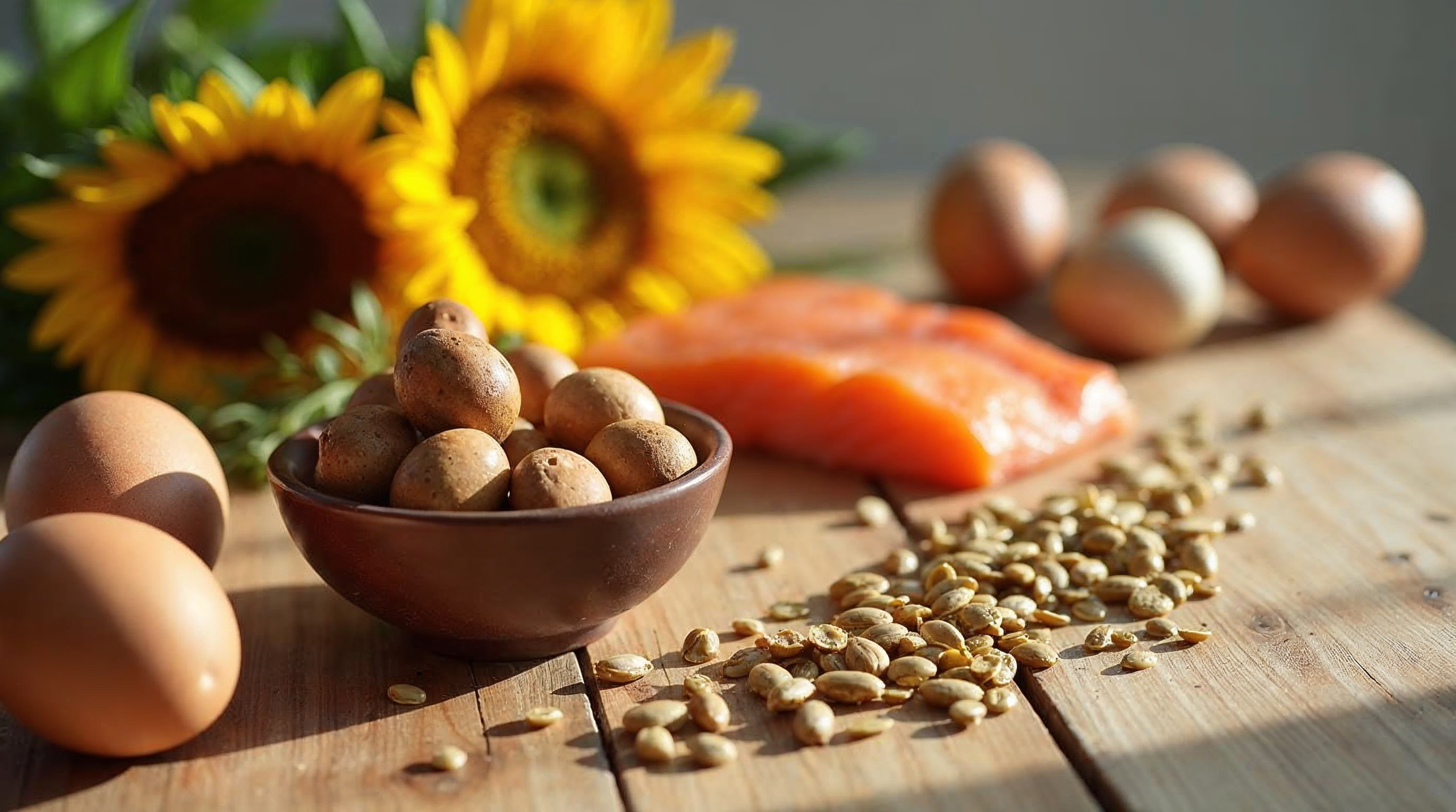Selenreiche Lebensmittel wie Paranüsse, Eier, Lachs und Sonnenblumenkerne auf einem hellen Holztisch.