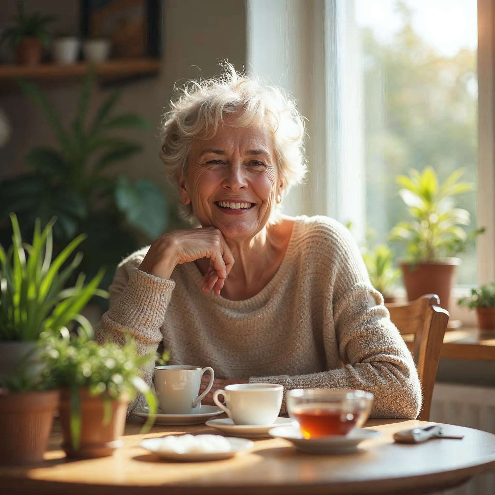 Frau Ende 50 genießt entspannt eine Tasse Tee in einer hellen Küche am Morgen.