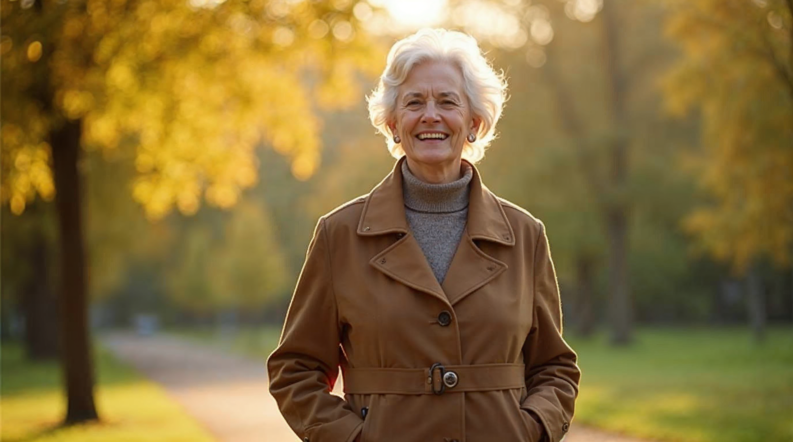 Aktive Frau Anfang 60 mit gesundem Haar geht zuversichtlich durch einen herbstlichen Park im goldenen Licht.