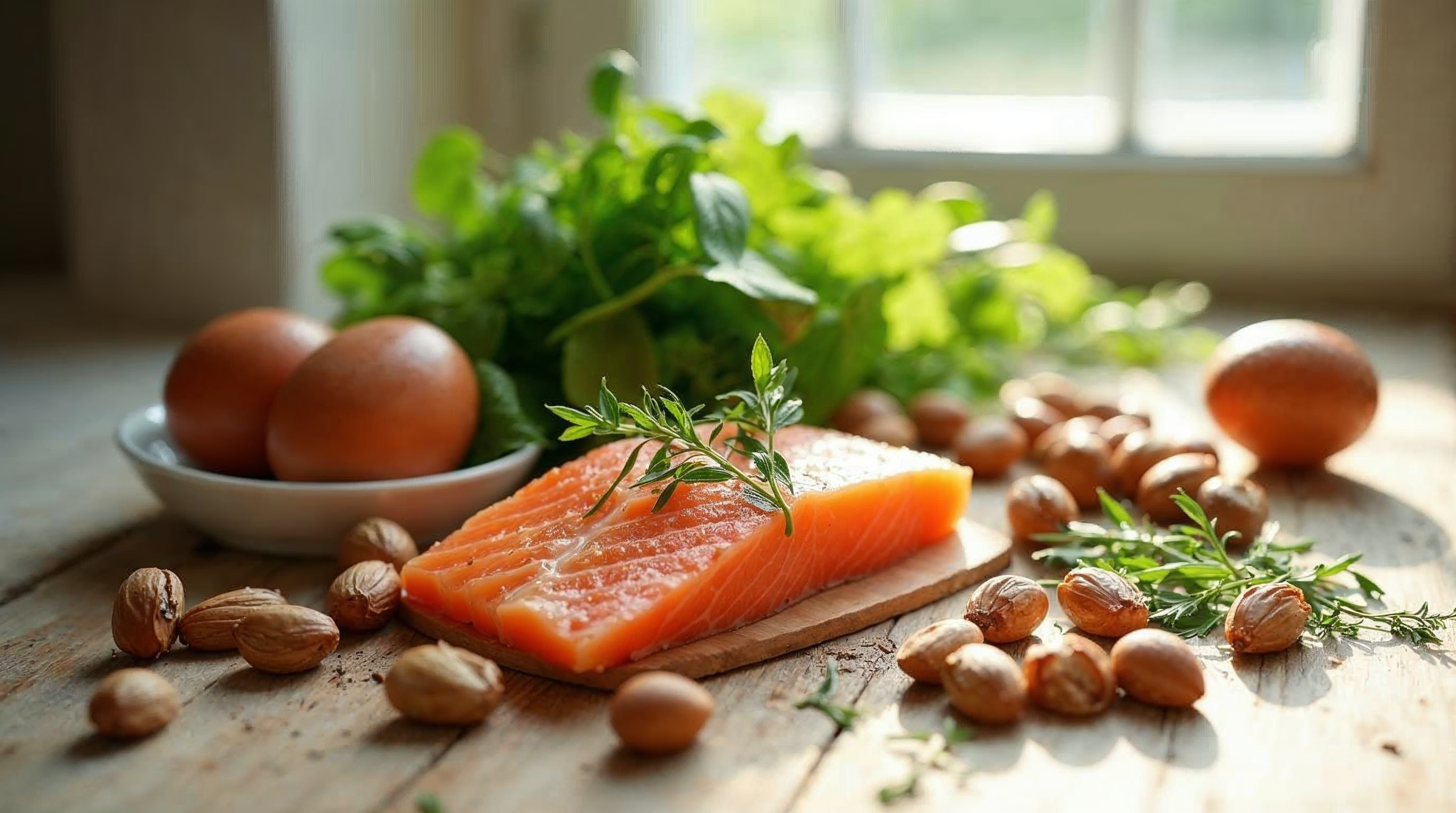 Stillleben mit selenreichen Lebensmitteln wie Paranuessen, Fisch und Eiern auf einer hellen Holzflaeche