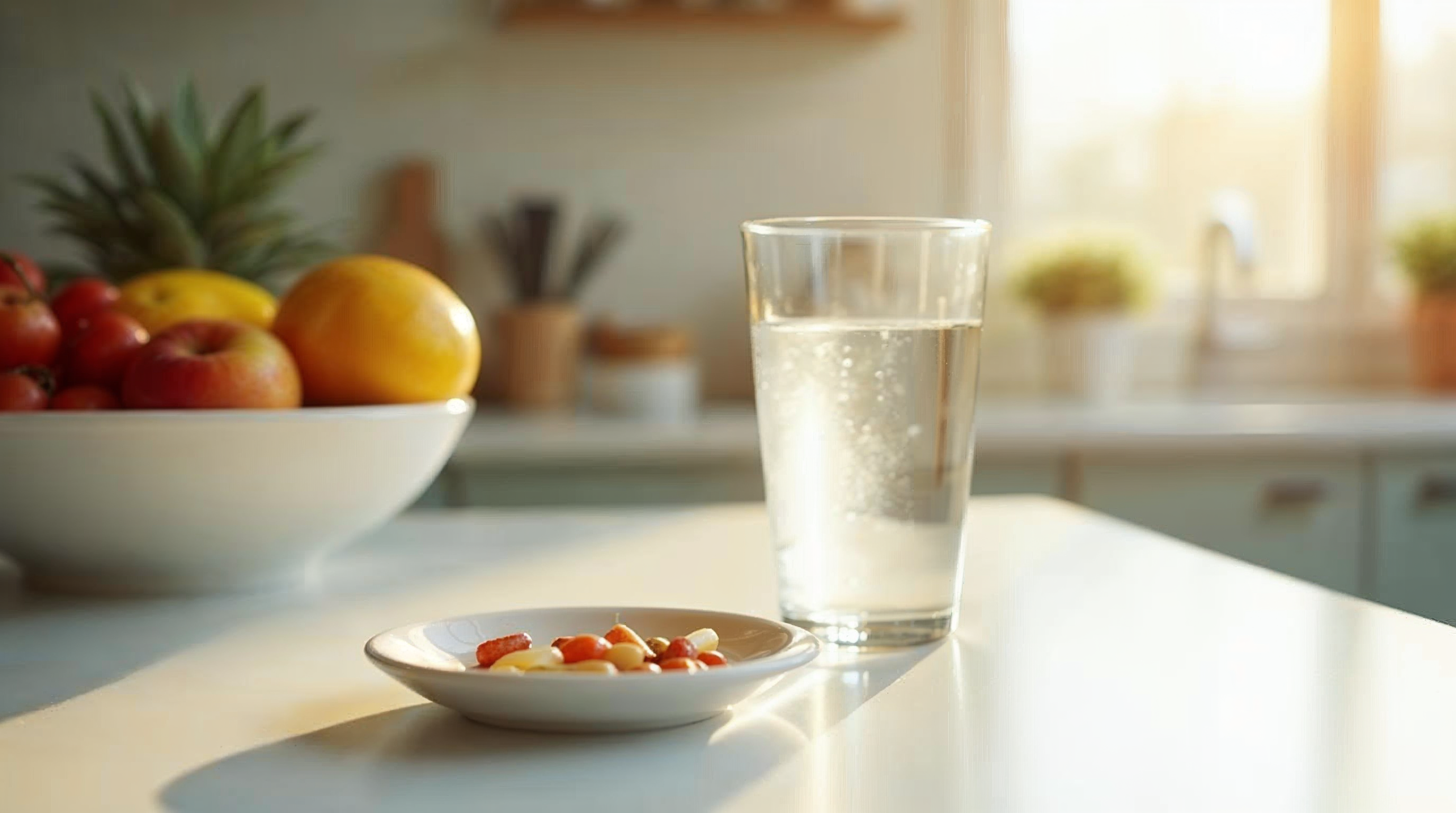 Morgendliche Routine mit Wasserglas, einer Kapsel und gesundem Fruehstueck auf einer hellen Kuechenarbeitsplatte